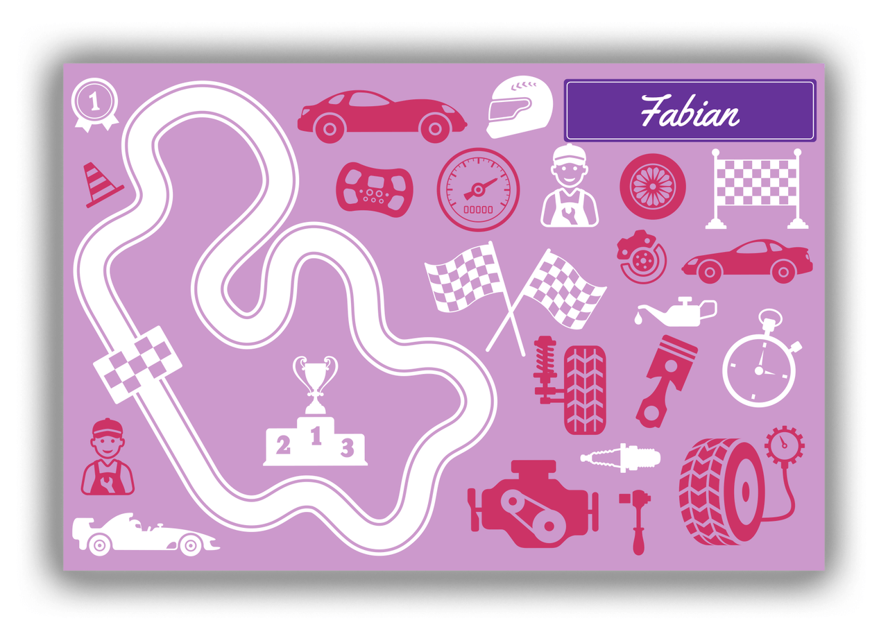 Personalized Racecar Canvas Wrap & Photo Print VI - Pink Background with Nameplate I - Front View