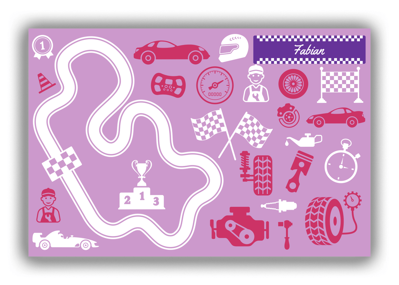 Personalized Racecar Canvas Wrap & Photo Print VI - Pink Background with Nameplate II - Front View