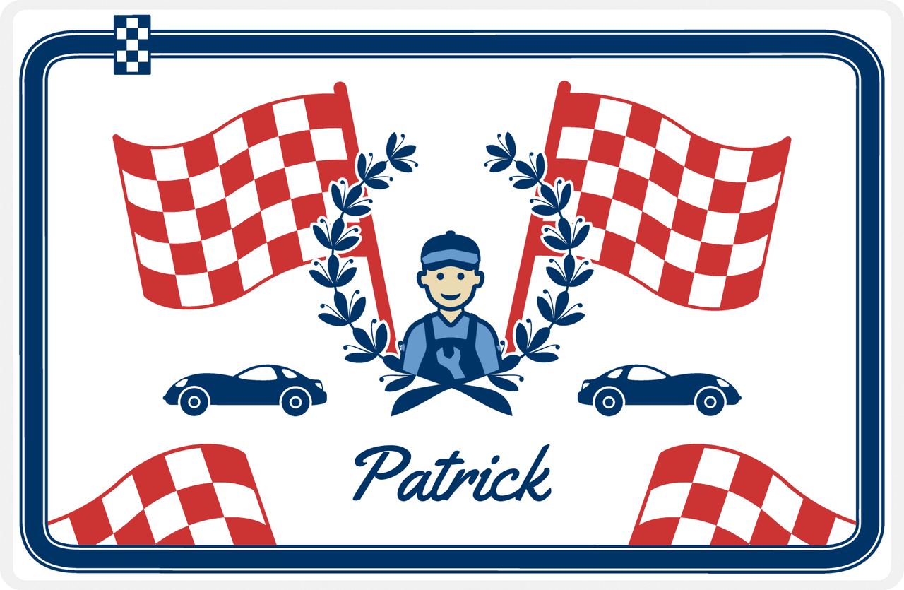 Personalized Racecar Placemat - Race Track Border - Racecar 1 - White Background with Navy Car -  View