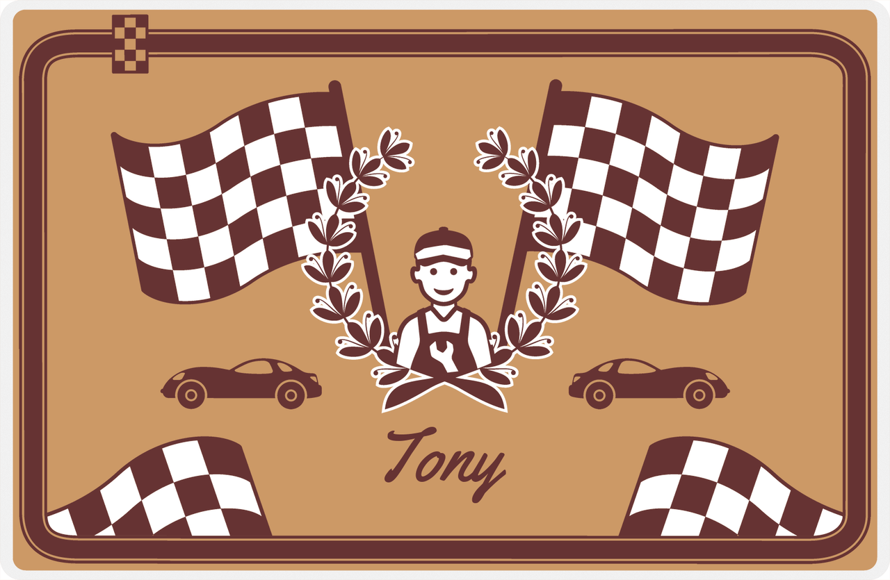 Personalized Racecar Placemat - Race Track Border - Racecar 1 - Light Brown Background with Brown Car -  View
