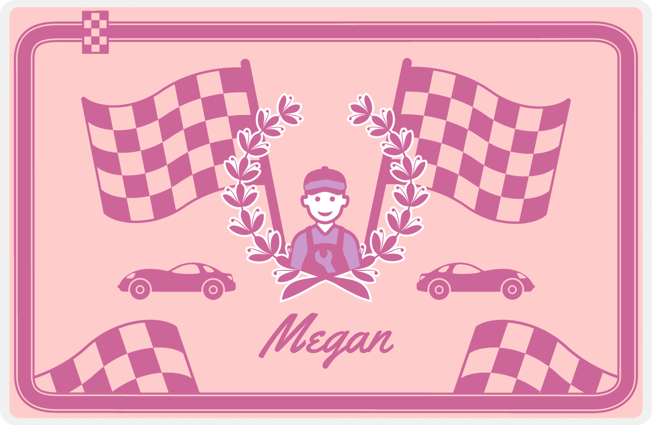 Personalized Racecar Placemat - Race Track Border - Racecar 1 - Pink Background with Orchid Car -  View