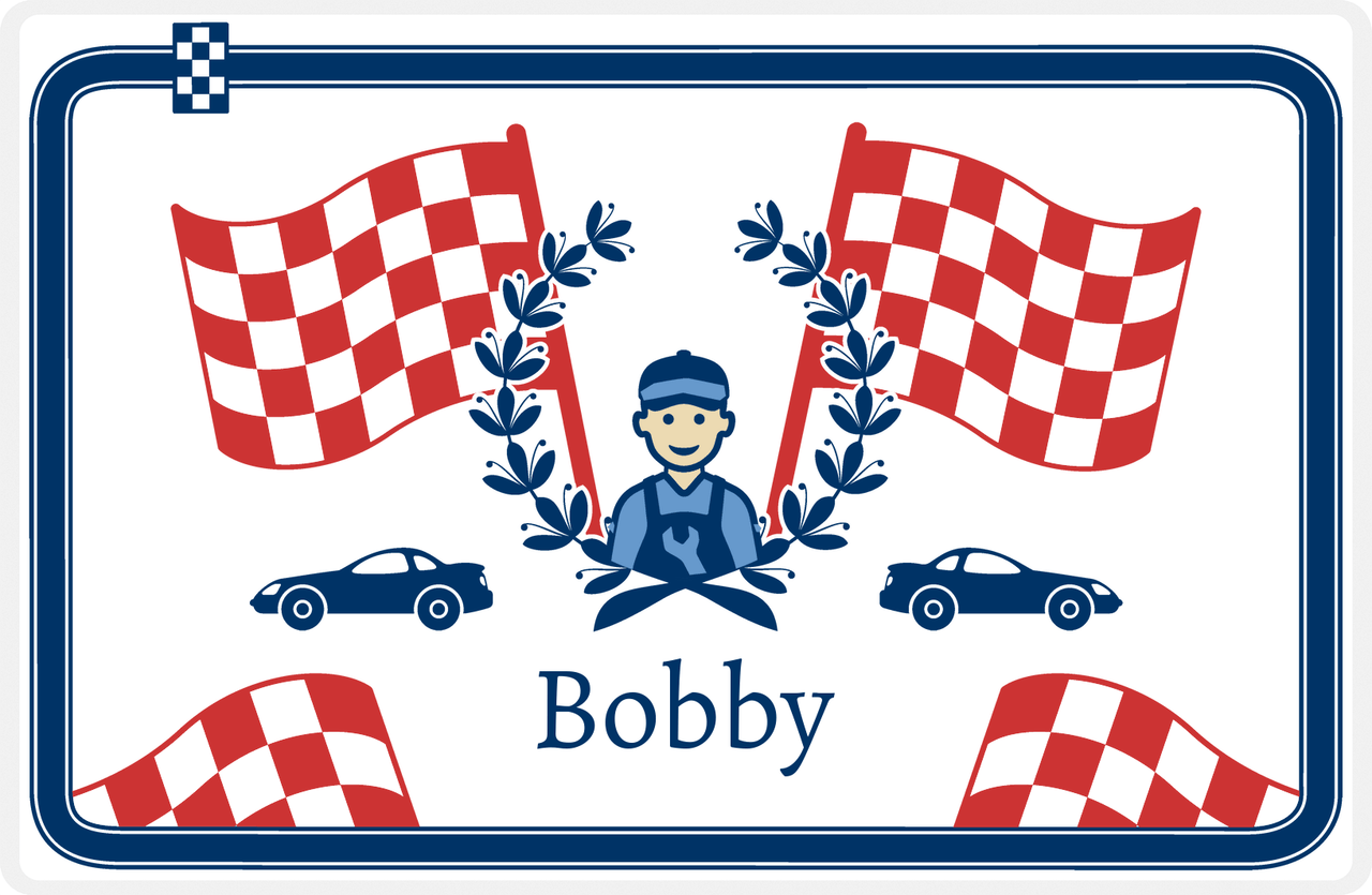 Personalized Racecar Placemat - Race Track Border - Racecar 2 - White Background with Navy Car -  View