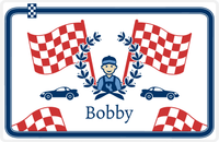 Thumbnail for Personalized Racecar Placemat - Race Track Border - Racecar 2 - White Background with Navy Car -  View