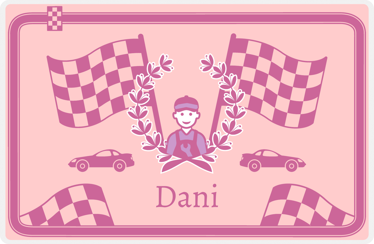 Personalized Racecar Placemat - Race Track Border - Racecar 2 - Pink Background with Orchid Car -  View