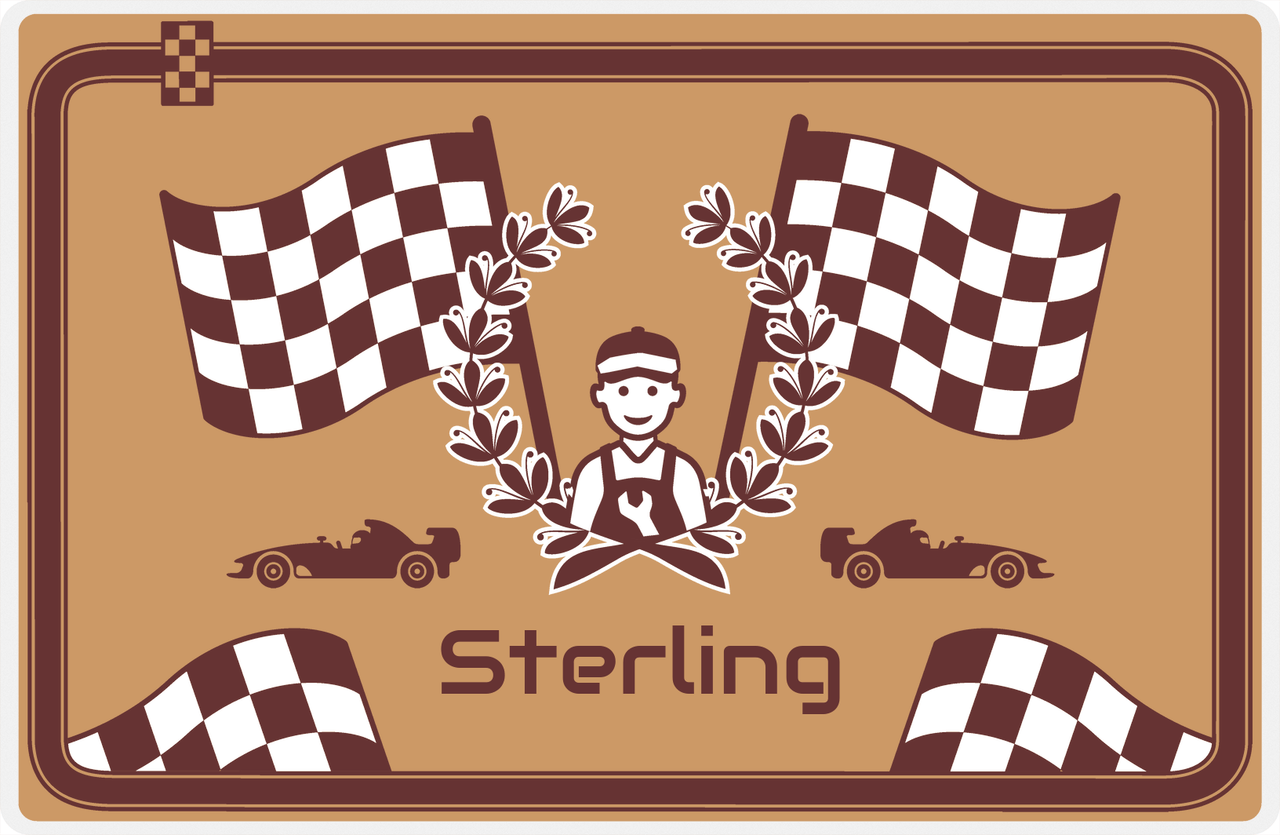Personalized Racecar Placemat - Race Track Border - Racecar 3 - Light Brown Background with Brown Car -  View