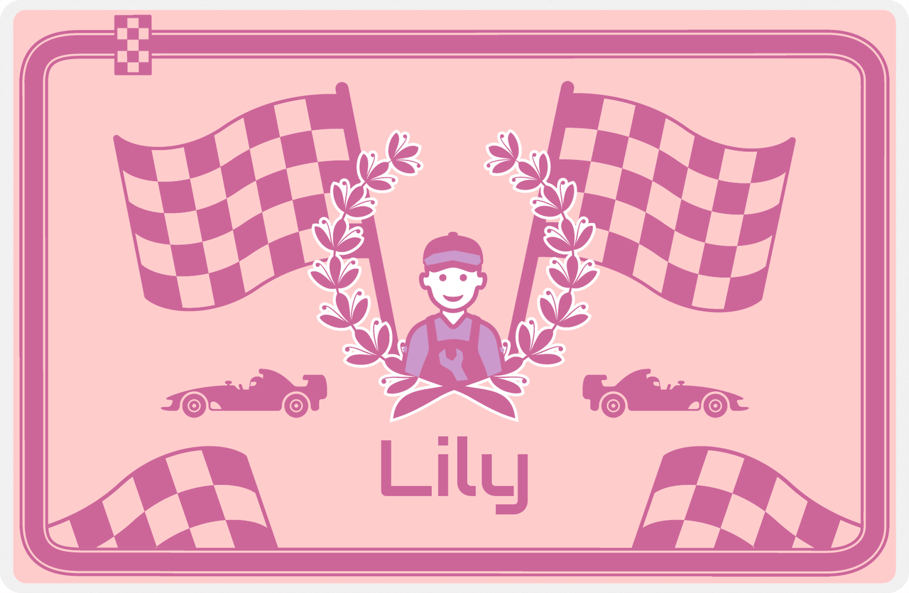 Personalized Racecar Placemat - Race Track Border - Racecar 3 - Pink Background with Orchid Car -  View