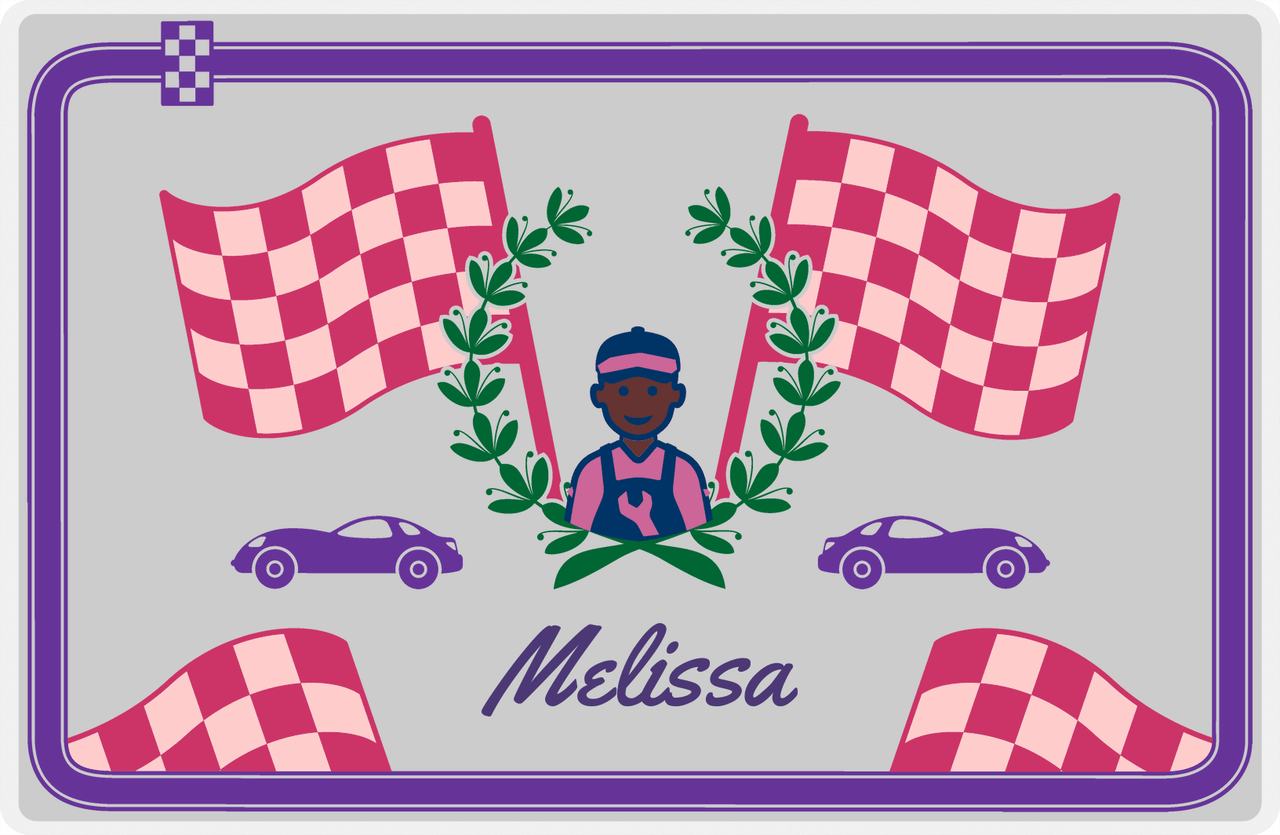 Personalized Racecar Placemat - Race Track Border - Racecar 1 - Grey Background with Purple Car -  View