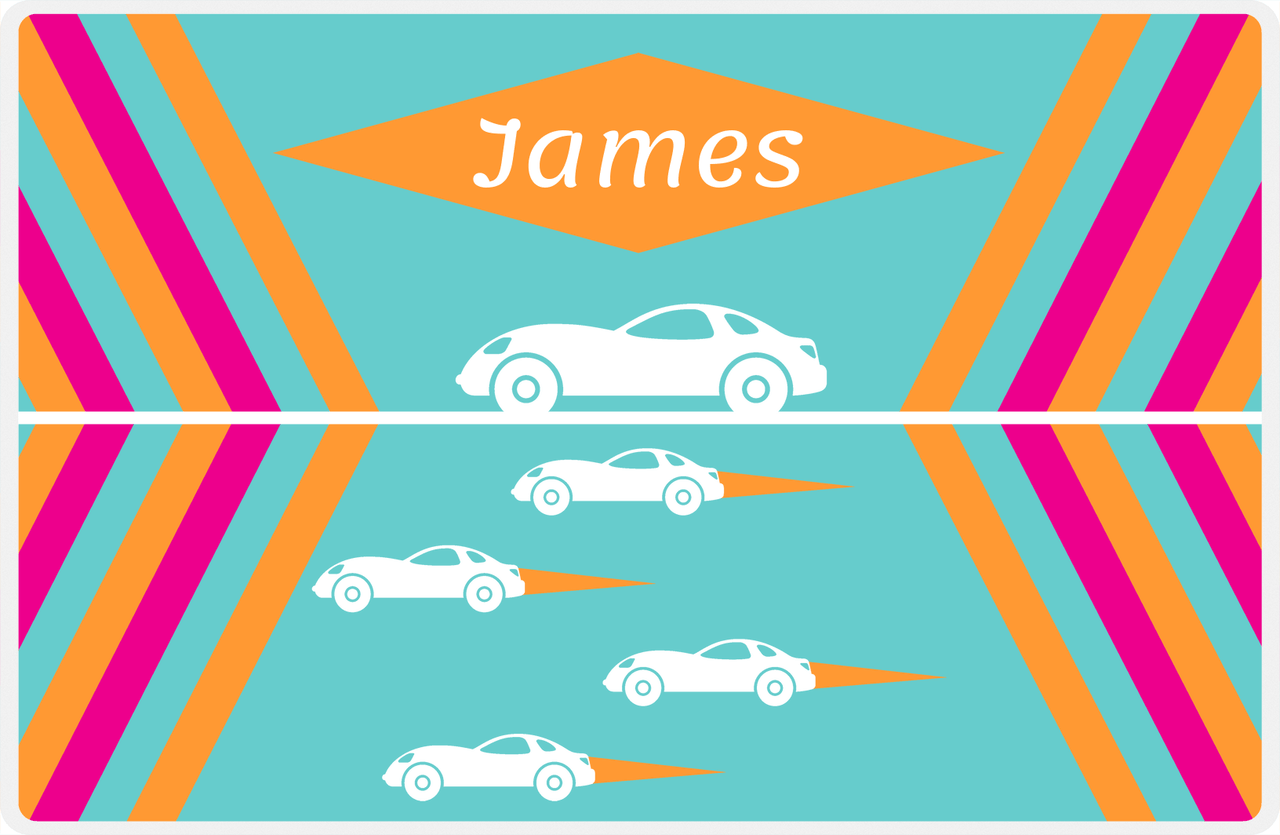 Personalized Racecar Placemat - Retro II - Racecar 1 - Teal Background with White Car -  View