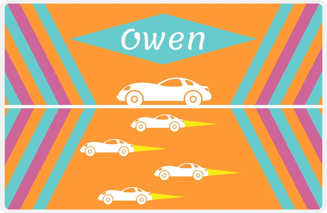 Personalized Racecar Placemat - Retro II - Racecar 1 - Orange Background with White Car -  View