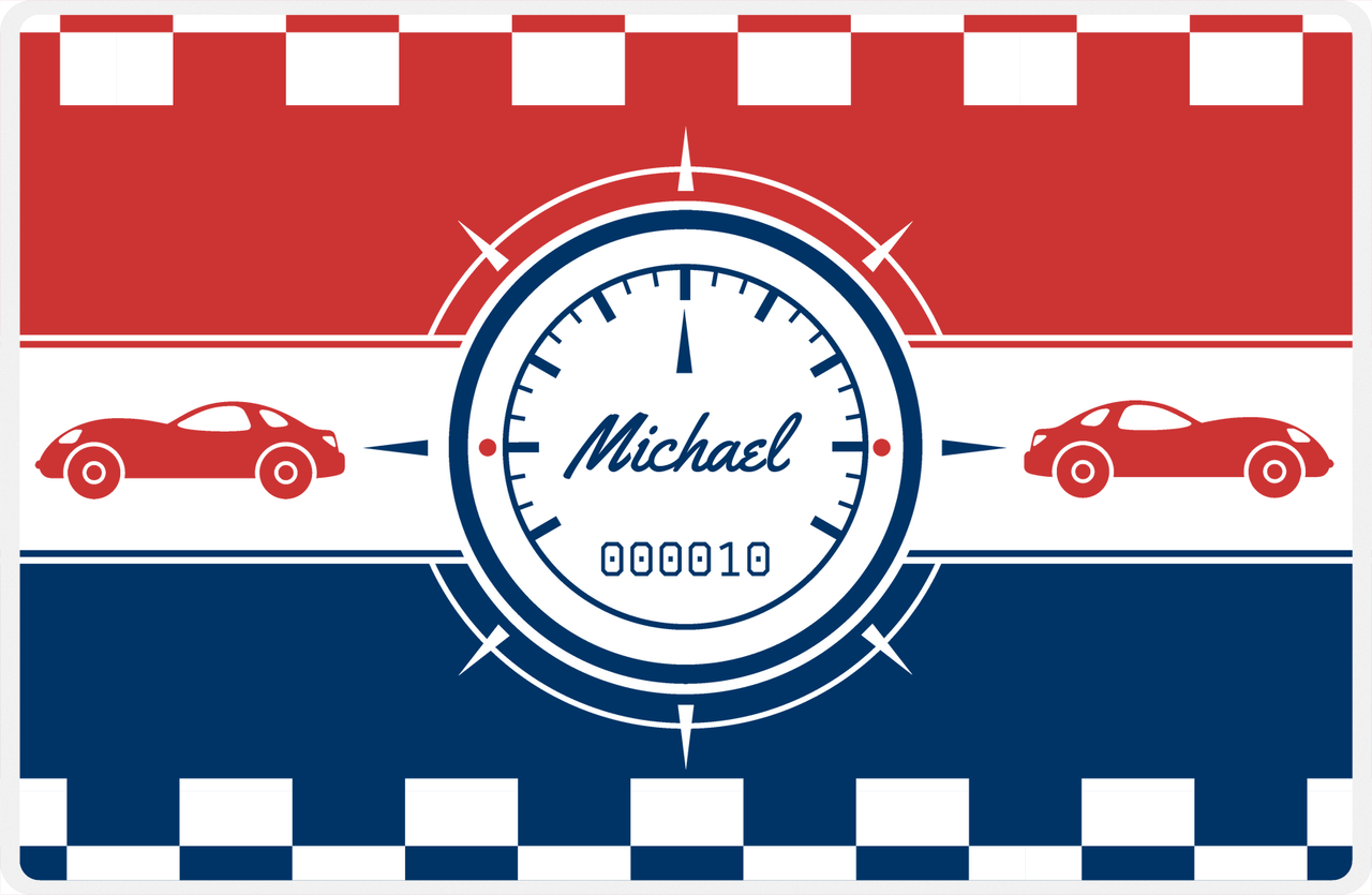 Personalized Racecar Placemat - Retro III - Racecar 1 - Navy Background with Cherry Red Car -  View