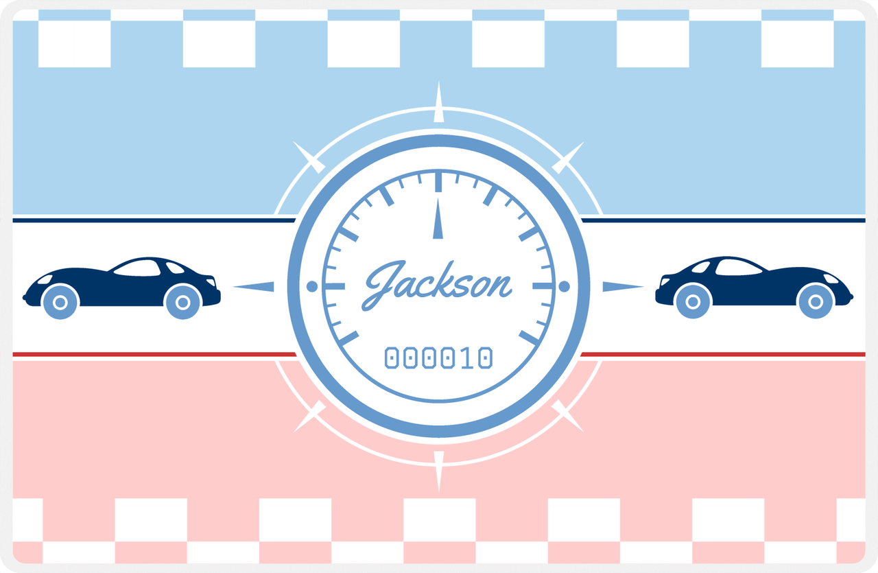 Personalized Racecar Placemat - Retro III - Racecar 1 - Light Blue Background with Navy Car -  View