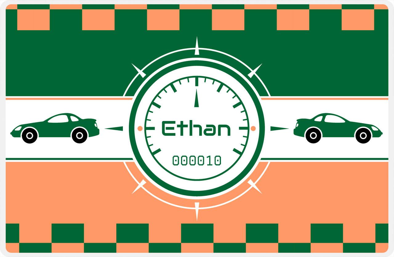 Personalized Racecar Placemat - Retro III - Racecar 2 - Tangerine Background with Dark Green Car -  View