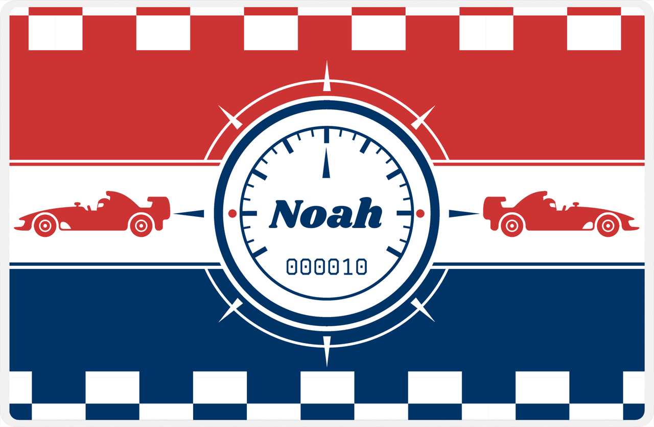 Personalized Racecar Placemat - Retro III - Racecar 3 - Navy Background with Cherry Red Car -  View