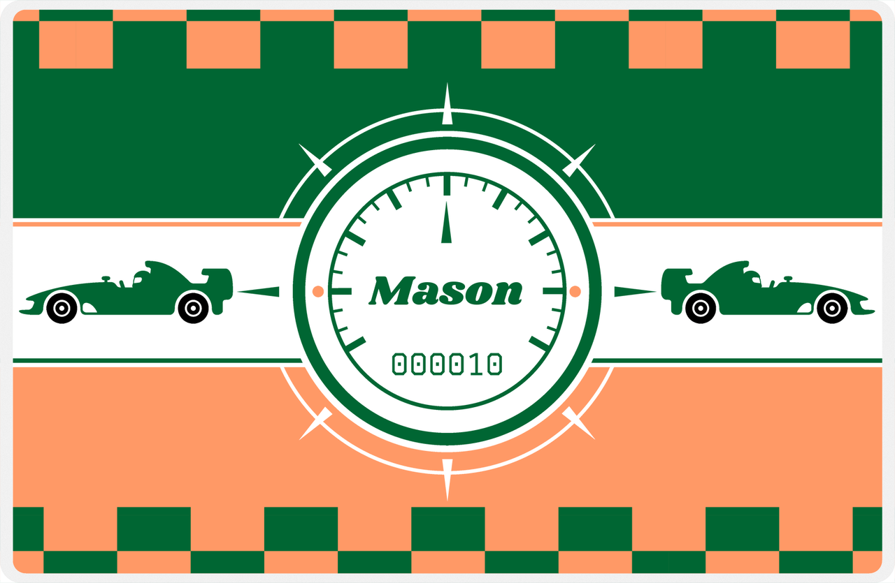 Personalized Racecar Placemat - Retro III - Racecar 3 - Tangerine Background with Dark Green Car -  View