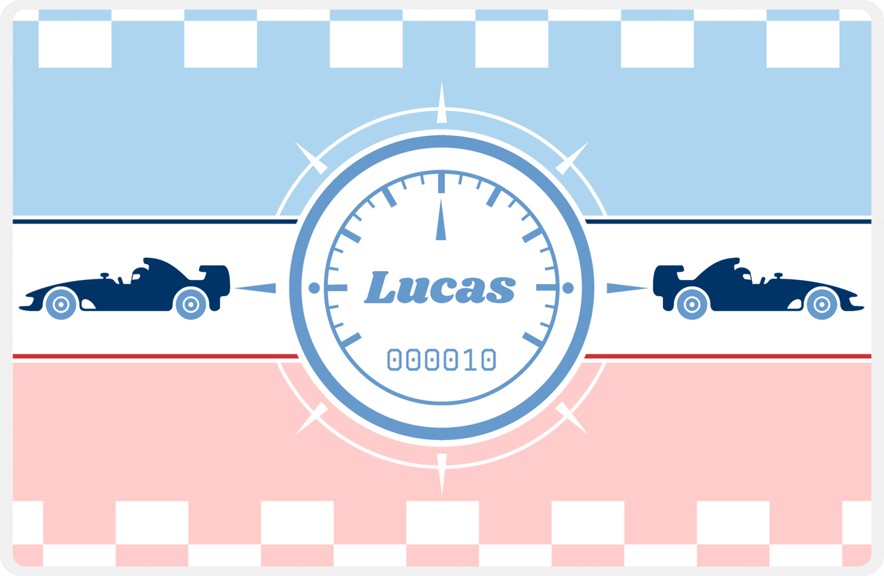 Personalized Racecar Placemat - Retro III - Racecar 3 - Light Blue Background with Navy Car -  View