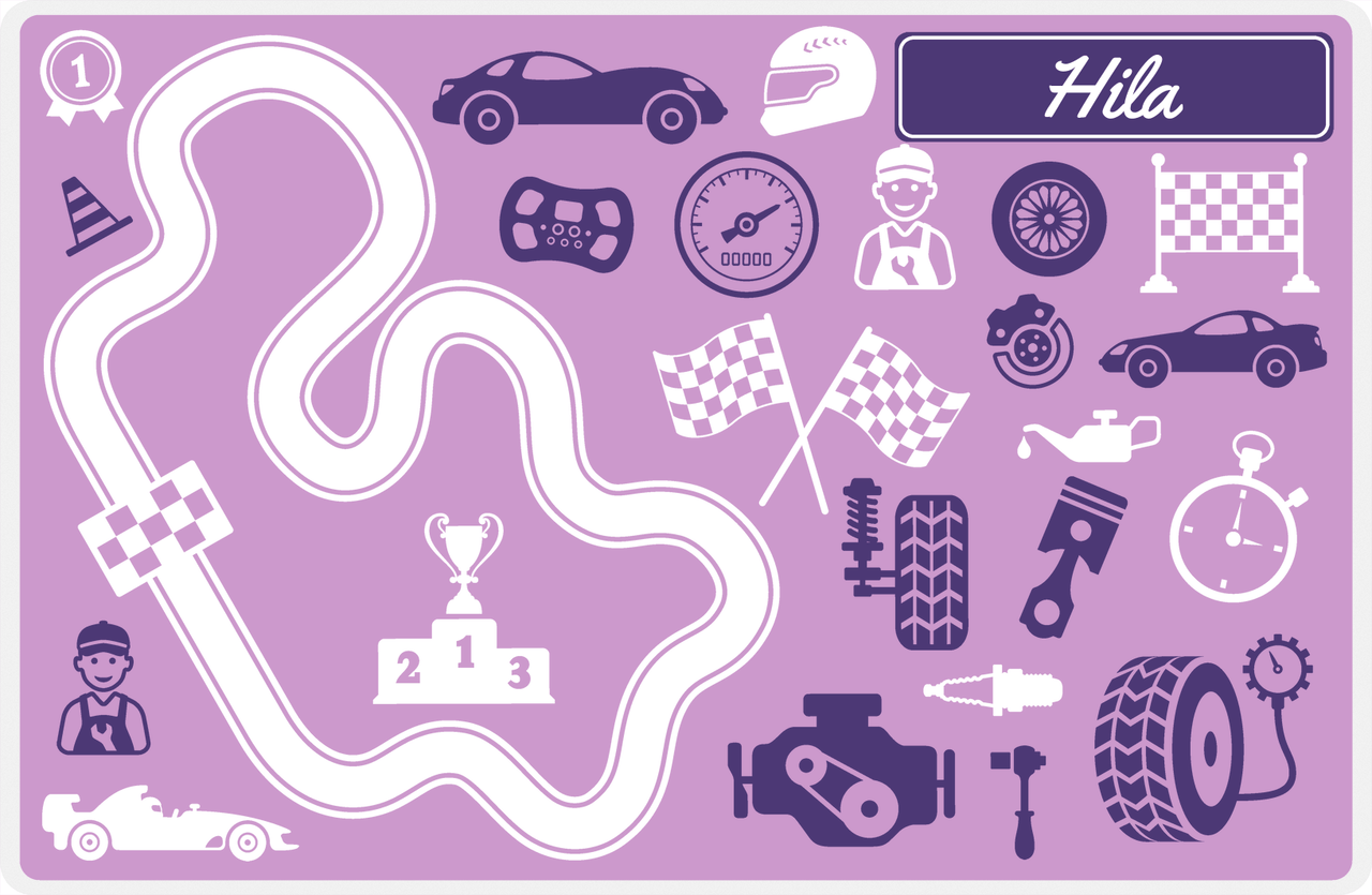 Personalized Racecar Placemat - Car Parts - Nameplate 1 - Lilac Background with Indigo Nameplate -  View