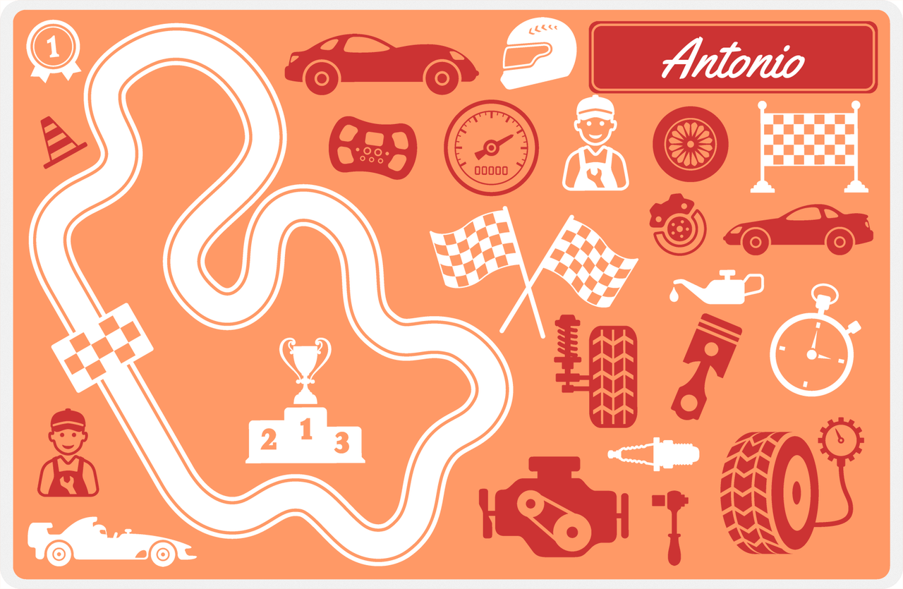 Personalized Racecar Placemat - Car Parts - Nameplate 1 - Tangerine Background with Cherry Red Nameplate -  View