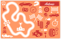Thumbnail for Personalized Racecar Placemat - Car Parts - Nameplate 1 - Tangerine Background with Cherry Red Nameplate -  View
