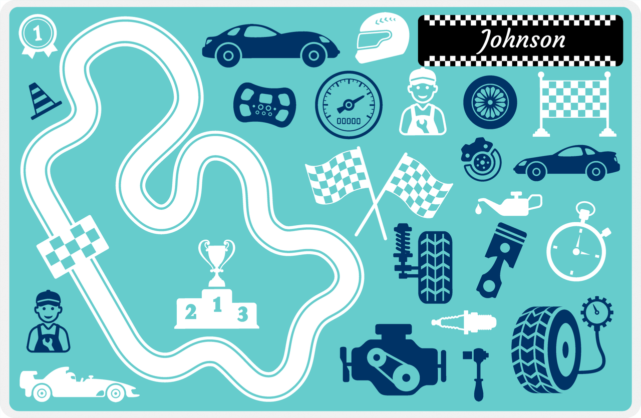 Personalized Racecar Placemat - Car Parts - Nameplate 2 - Teal Background with Black Nameplate -  View
