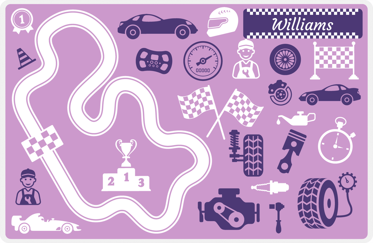Personalized Racecar Placemat - Car Parts - Nameplate 2 - Lilac Background with Indigo Nameplate -  View
