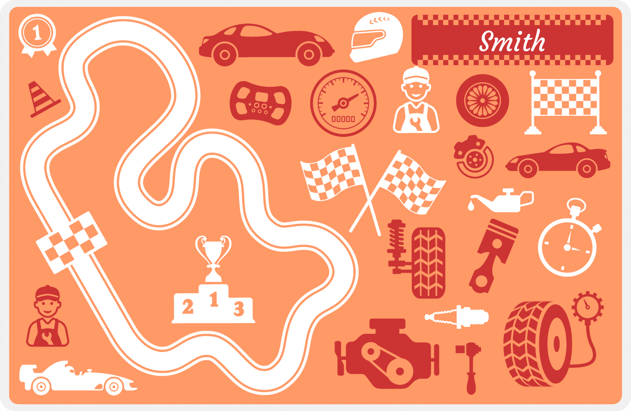 Personalized Racecar Placemat - Car Parts - Nameplate 2 - Tangerine Background with Cherry Red Nameplate -  View