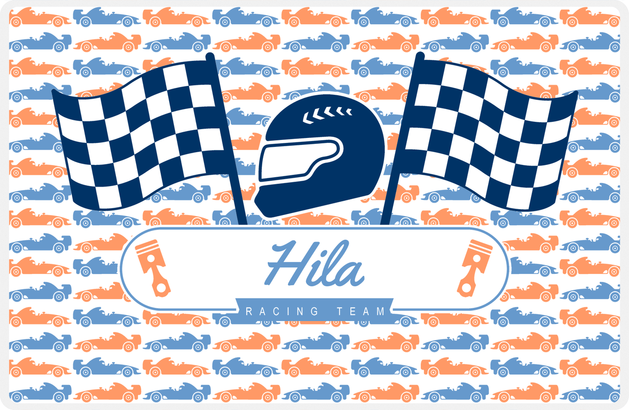 Personalized Racecar Placemat - Racing Team - Nameplate 1 - White Background with Blue Helmet -  View