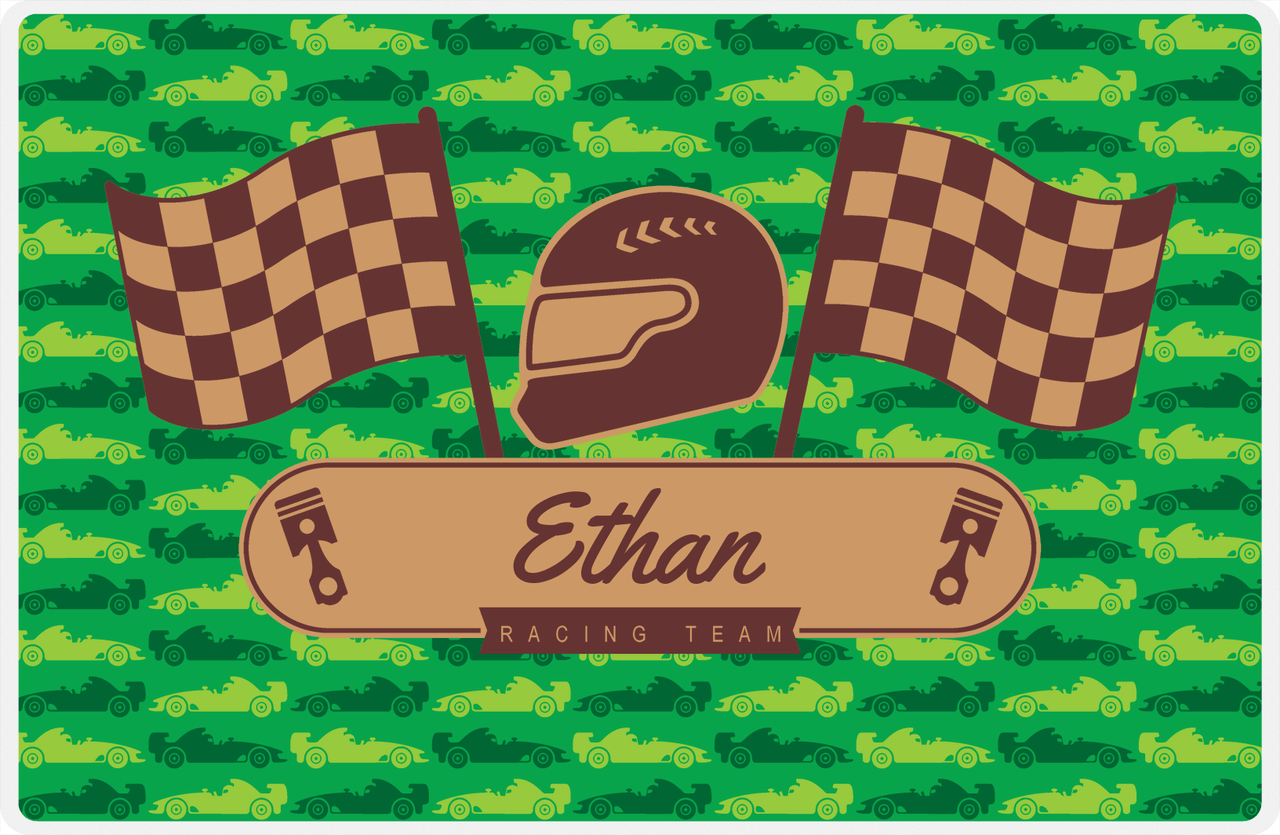 Personalized Racecar Placemat - Racing Team - Nameplate 1 - Green Background with Brown Helmet -  View