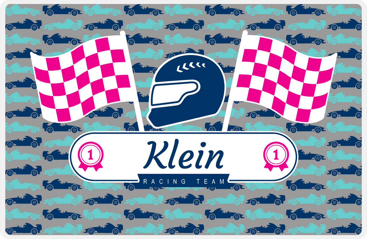 Personalized Racecar Placemat - Racing Team - Nameplate 2 - Dark Grey Background with Navy Helmet -  View