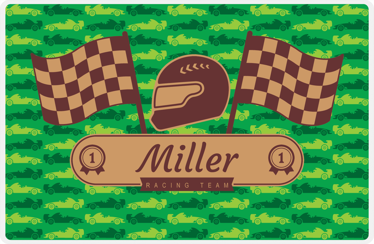 Personalized Racecar Placemat - Racing Team - Nameplate 2 - Green Background with Brown Helmet -  View