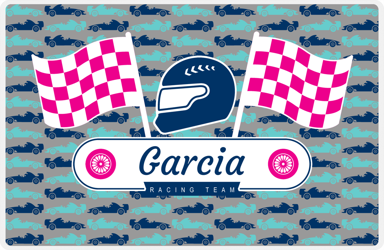 Personalized Racecar Placemat - Racing Team - Nameplate 3 - Dark Grey Background with Navy Helmet -  View