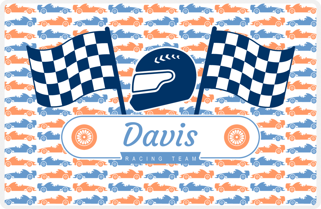 Personalized Racecar Placemat - Racing Team - Nameplate 3 - White Background with Blue Helmet -  View