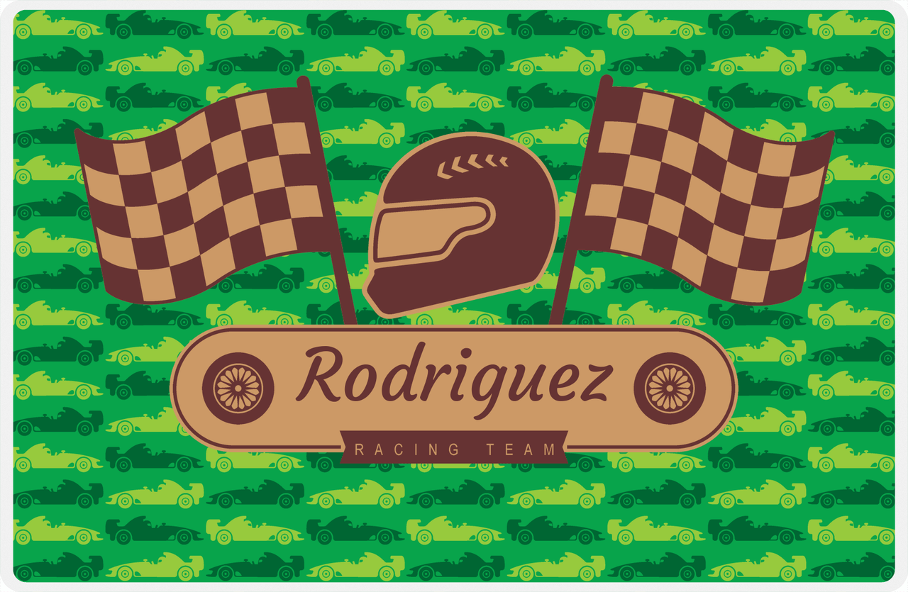 Personalized Racecar Placemat - Racing Team - Nameplate 3 - Green Background with Brown Helmet -  View