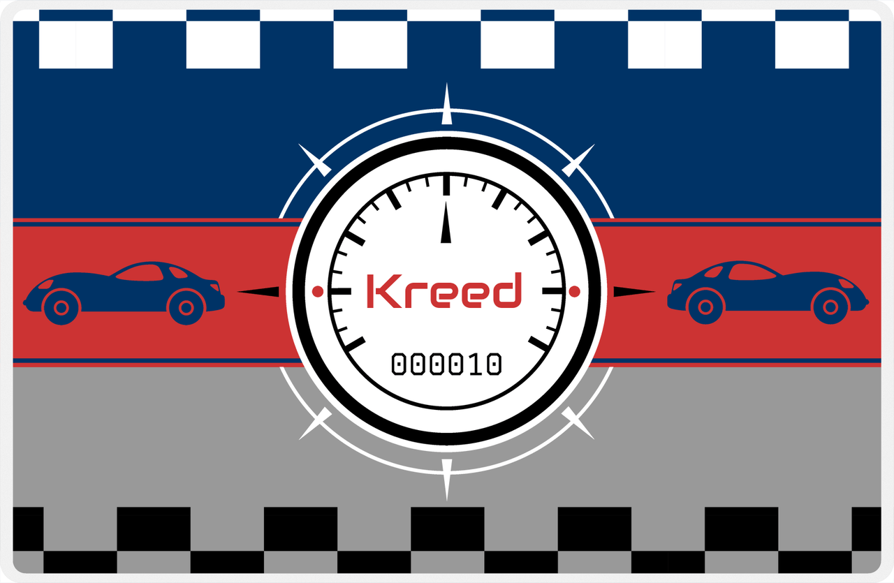 Personalized Racecar Placemat - Retro III - Racecar 1 - Grey and Red Background with Navy Car -  View