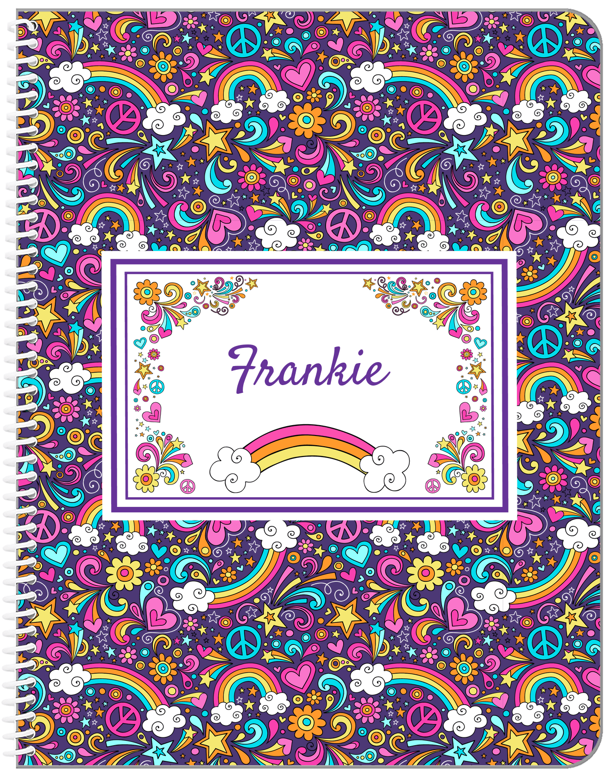 Personalized Rainbows Notebook II - Flower Power - Purple Background - Front View