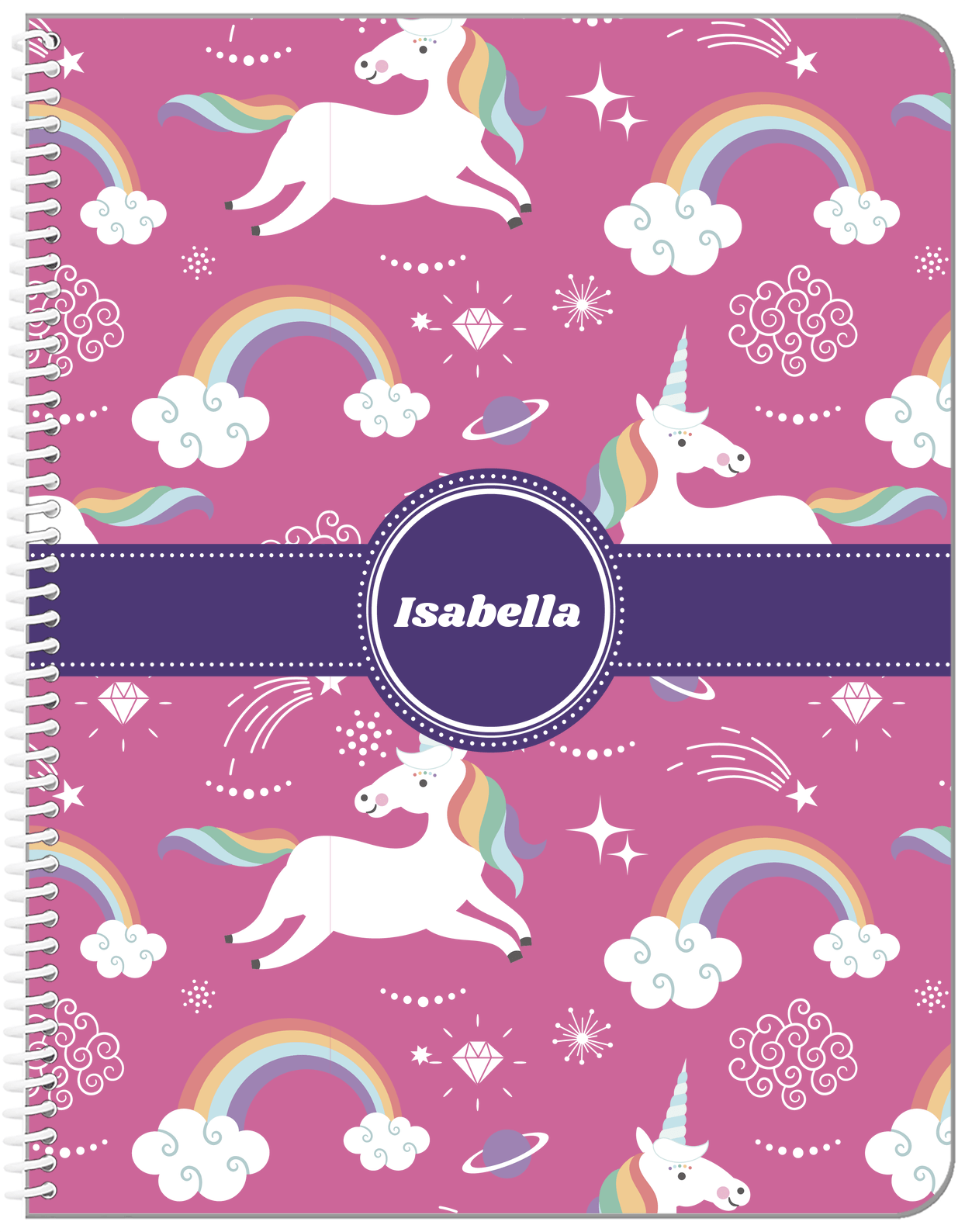 Personalized Rainbows Notebook III - Unicorns - Circle Ribbon Nameplate - Front View
