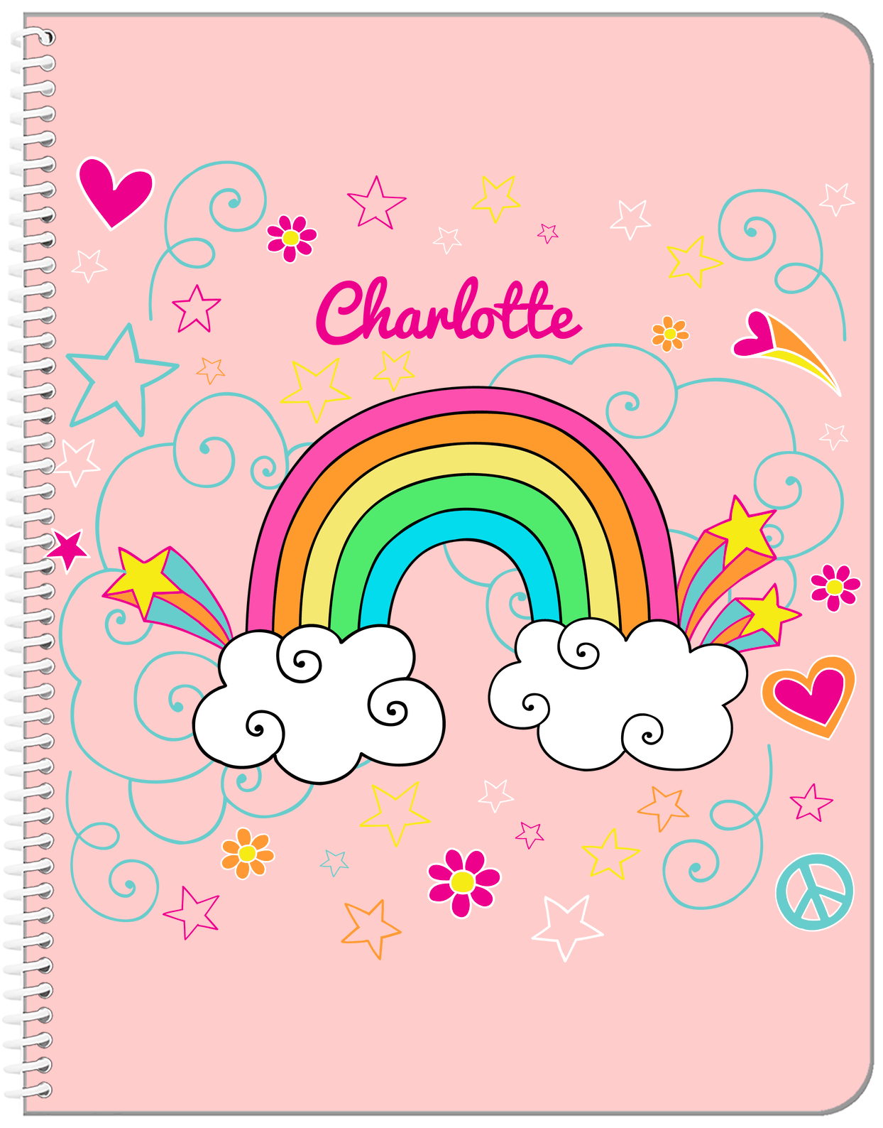 Personalized Rainbows Notebook VI - Rainbow Doodle - Pink Background - Front View