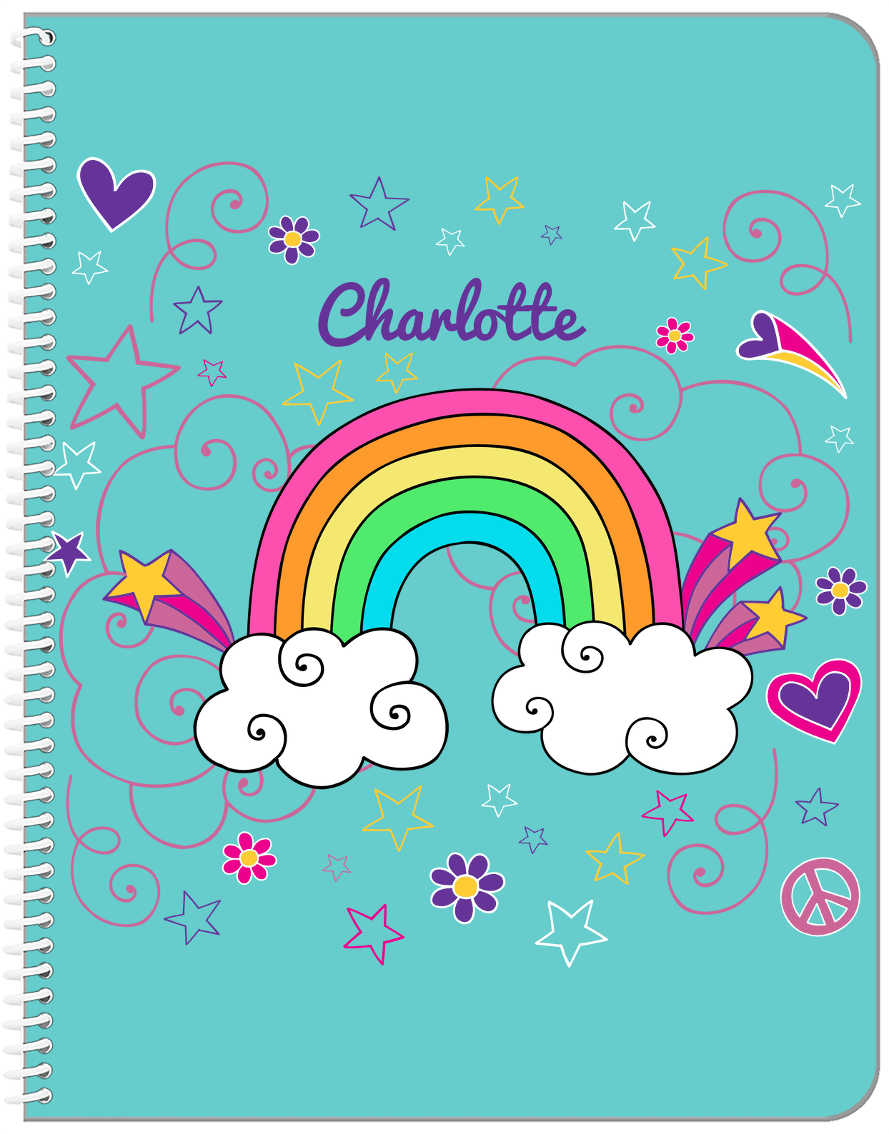 Personalized Rainbows Notebook VI - Rainbow Doodle - Teal Background - Front View