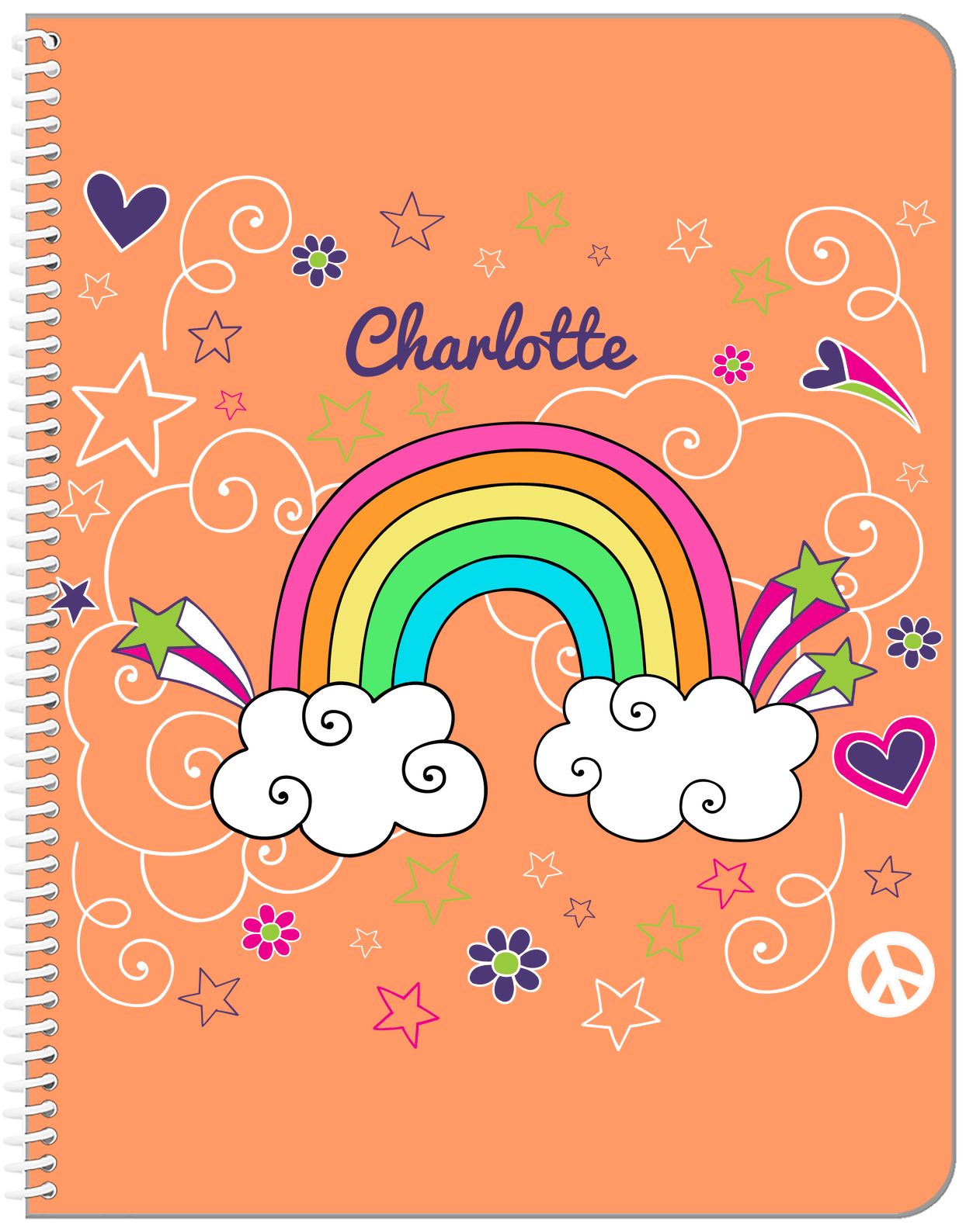 Personalized Rainbows Notebook VI - Rainbow Doodle - Orange Background - Front View