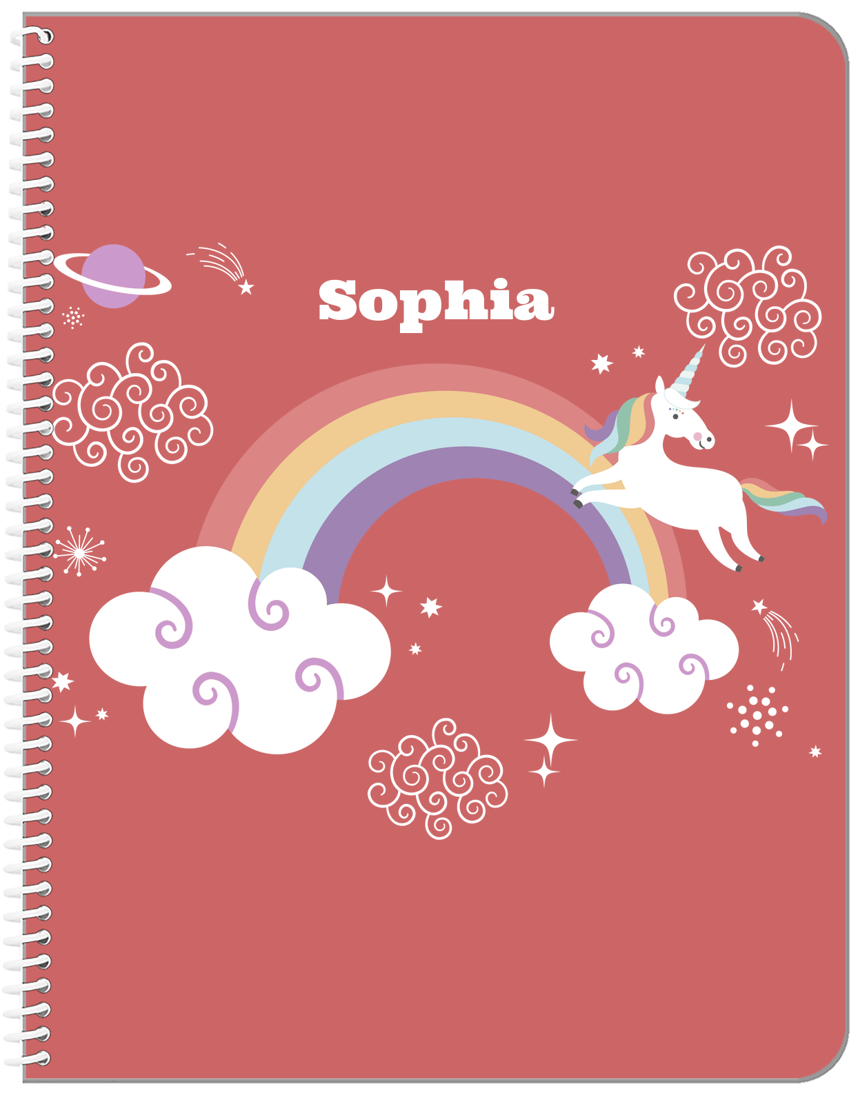 Personalized Rainbows Notebook VII - Rainbow Unicorn - Red Background - Front View