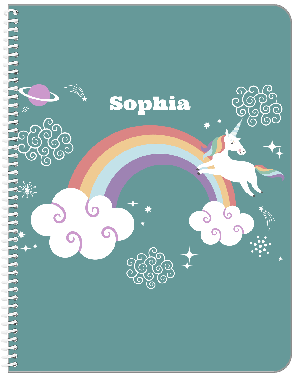 Personalized Rainbows Notebook VII - Rainbow Unicorn - Teal Background - Front View