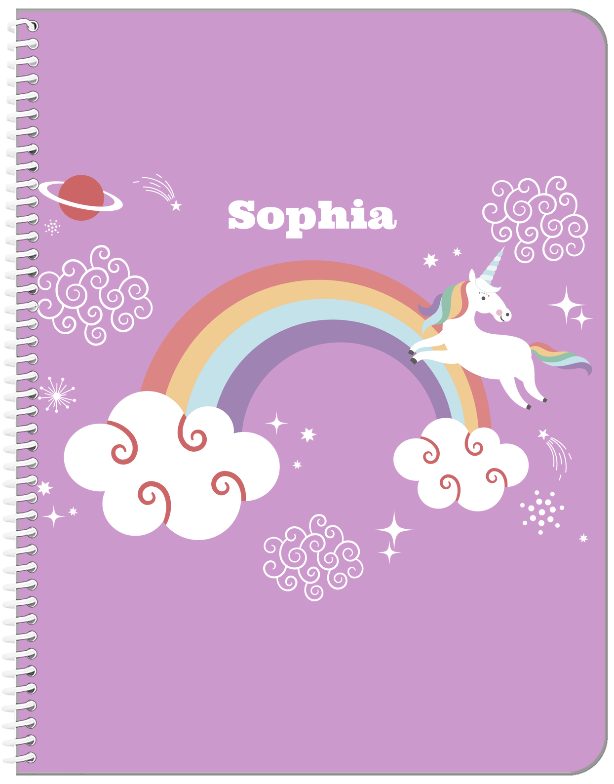 Personalized Rainbows Notebook VII - Rainbow Unicorn - Purple Background - Front View