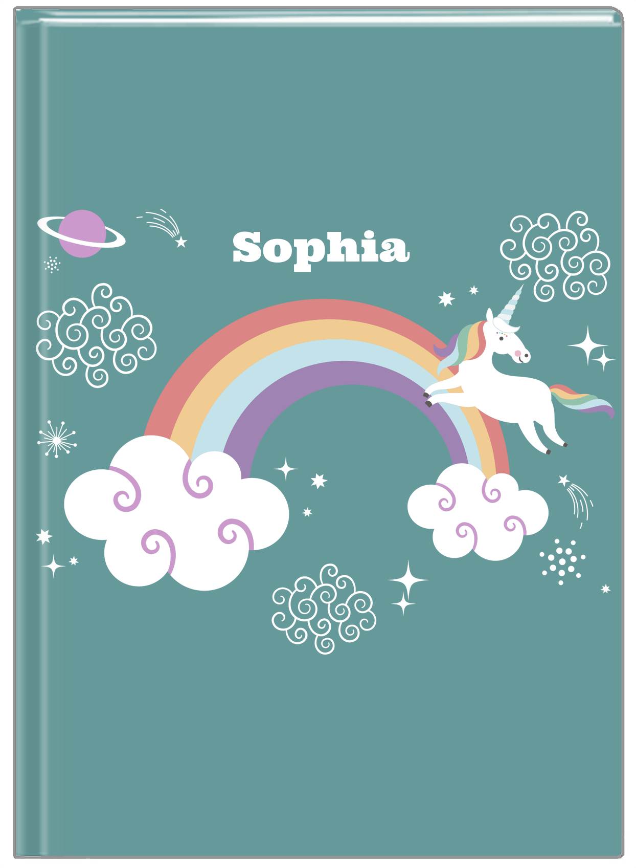 Personalized Rainbows Journal VII - Rainbow Unicorn - Teal Background - Front View