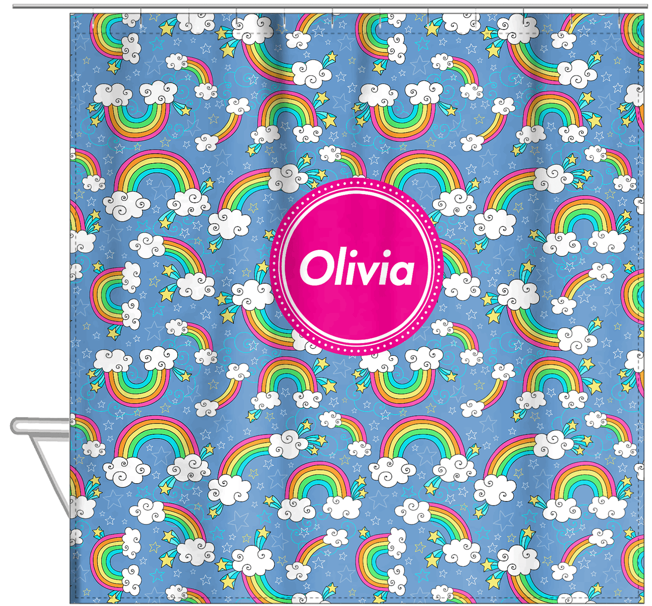 Personalized Rainbows Shower Curtain I - Circle Nameplate - Hanging View