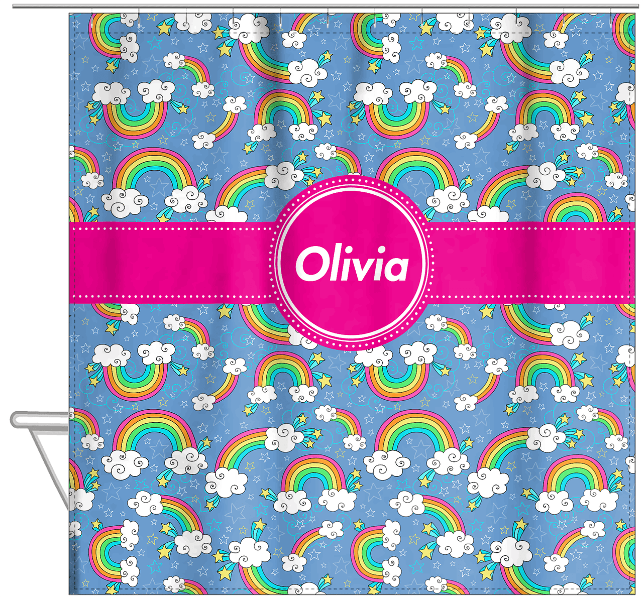 Personalized Rainbows Shower Curtain I - Circle Ribbon Nameplate - Hanging View