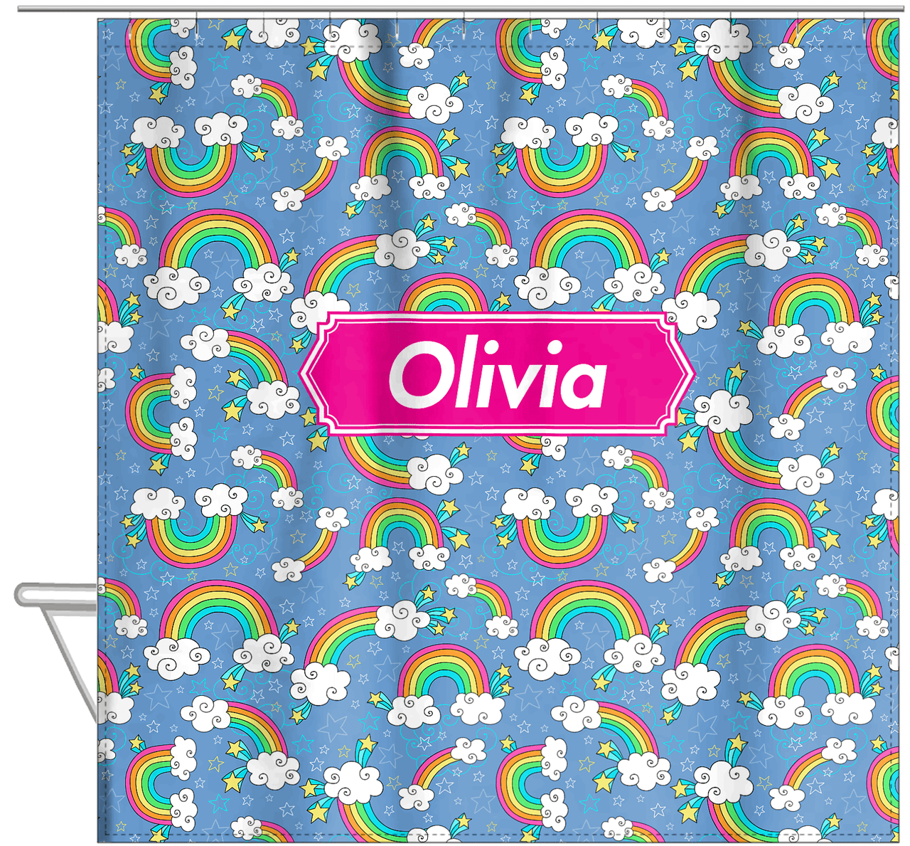 Personalized Rainbows Shower Curtain I - Decorative Rectangle Nameplate - Hanging View
