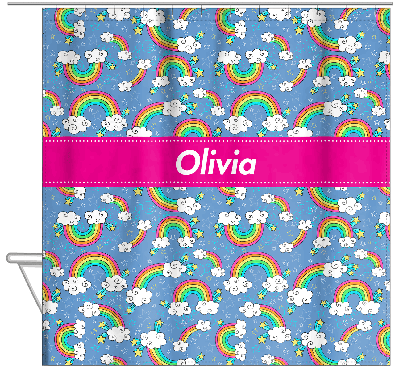 Personalized Rainbows Shower Curtain I - Ribbon Nameplate - Hanging View