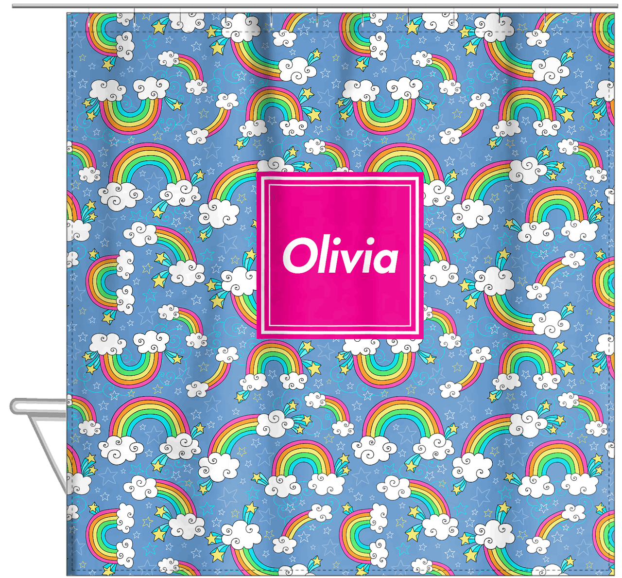 Personalized Rainbows Shower Curtain I - Square Nameplate - Hanging View