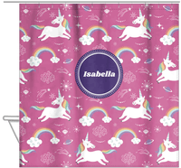 Thumbnail for Personalized Rainbows Shower Curtain III - Unicorns - Circle Nameplate - Hanging View