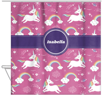 Thumbnail for Personalized Rainbows Shower Curtain III - Unicorns - Circle Ribbon Nameplate - Hanging View