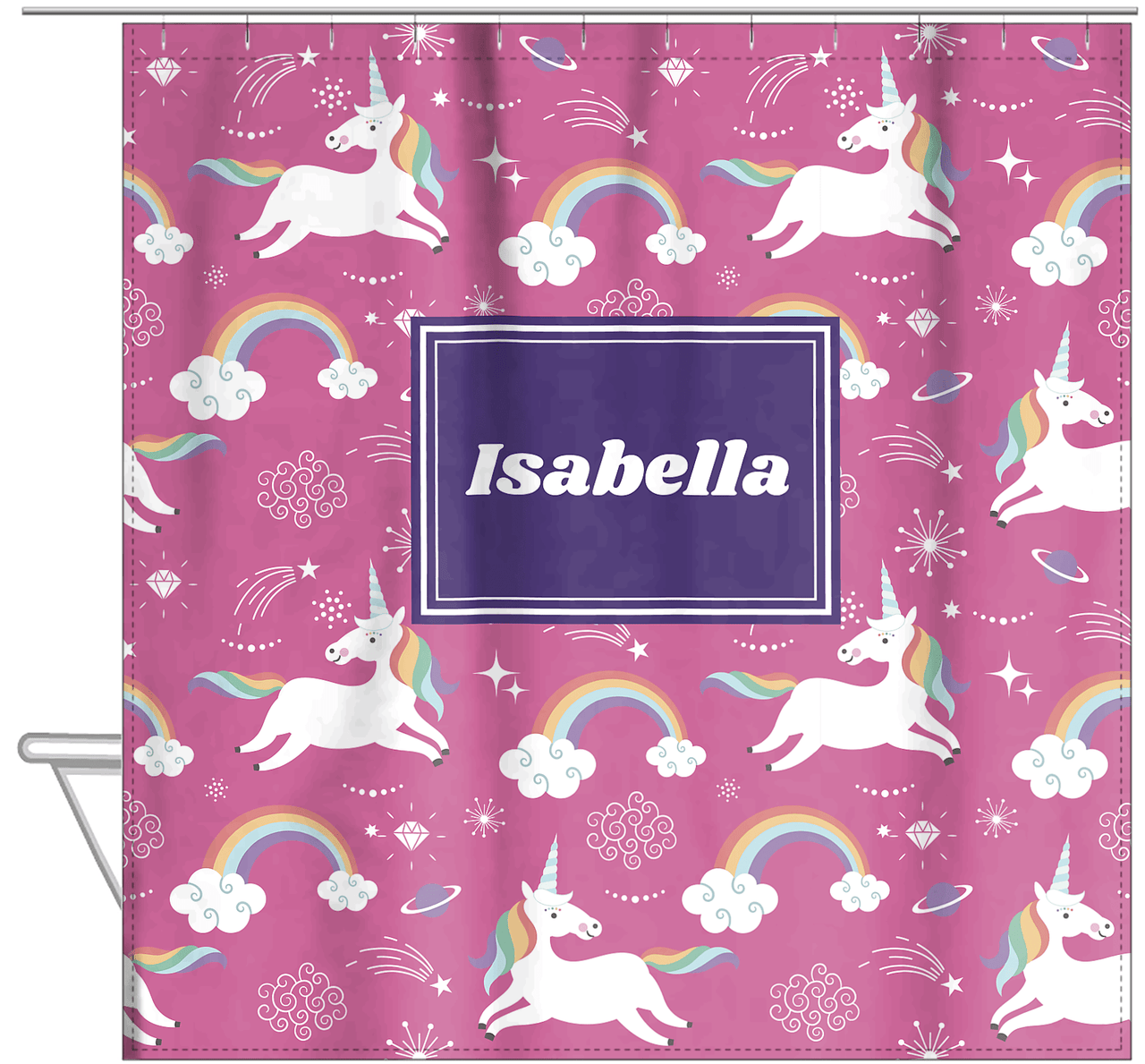 Personalized Rainbows Shower Curtain III - Unicorns - Rectangle Nameplate - Hanging View